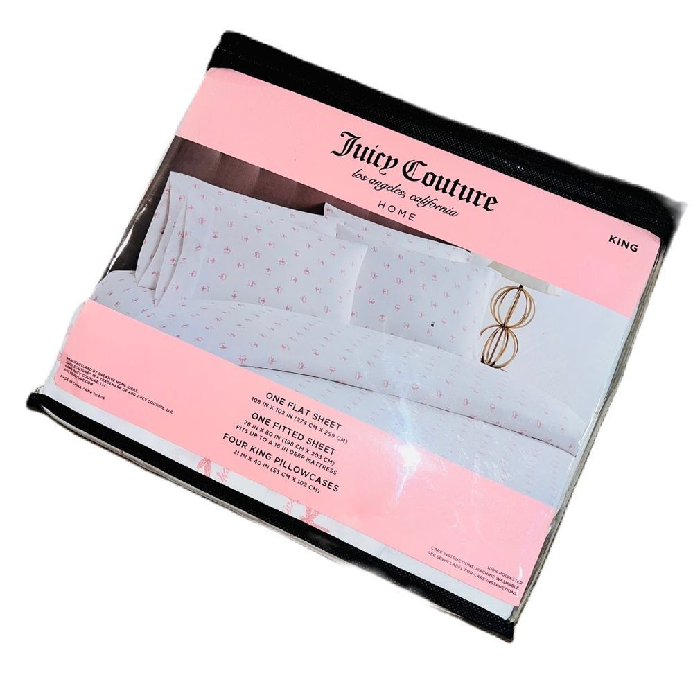 **SOLD** Juicy Couture Home 6 Piece King Size Sheet Set Pink Bee & Dragonfly - Picture 3 of 14